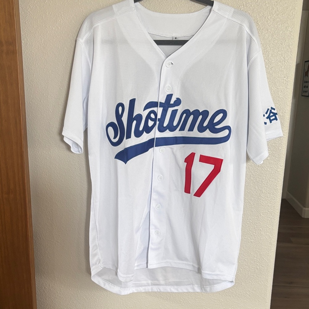 White 'Shotime' Baseball Jersey with Blue Script and Red Number 17